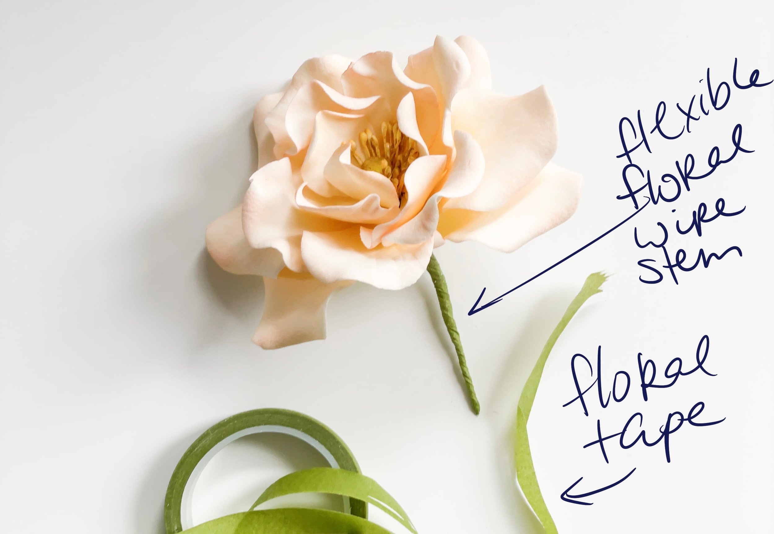 heirloom rose sugar flower with green floral tape and the words "flexible floral wire stem" and "floral tape"
