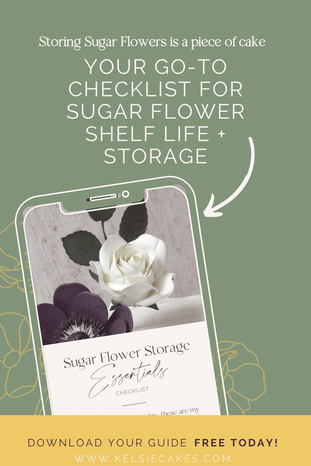 Your go-to checklist for sugar flower storage and shelf life with an image of a sugar flower anemone displayed on an iphone screen mockup