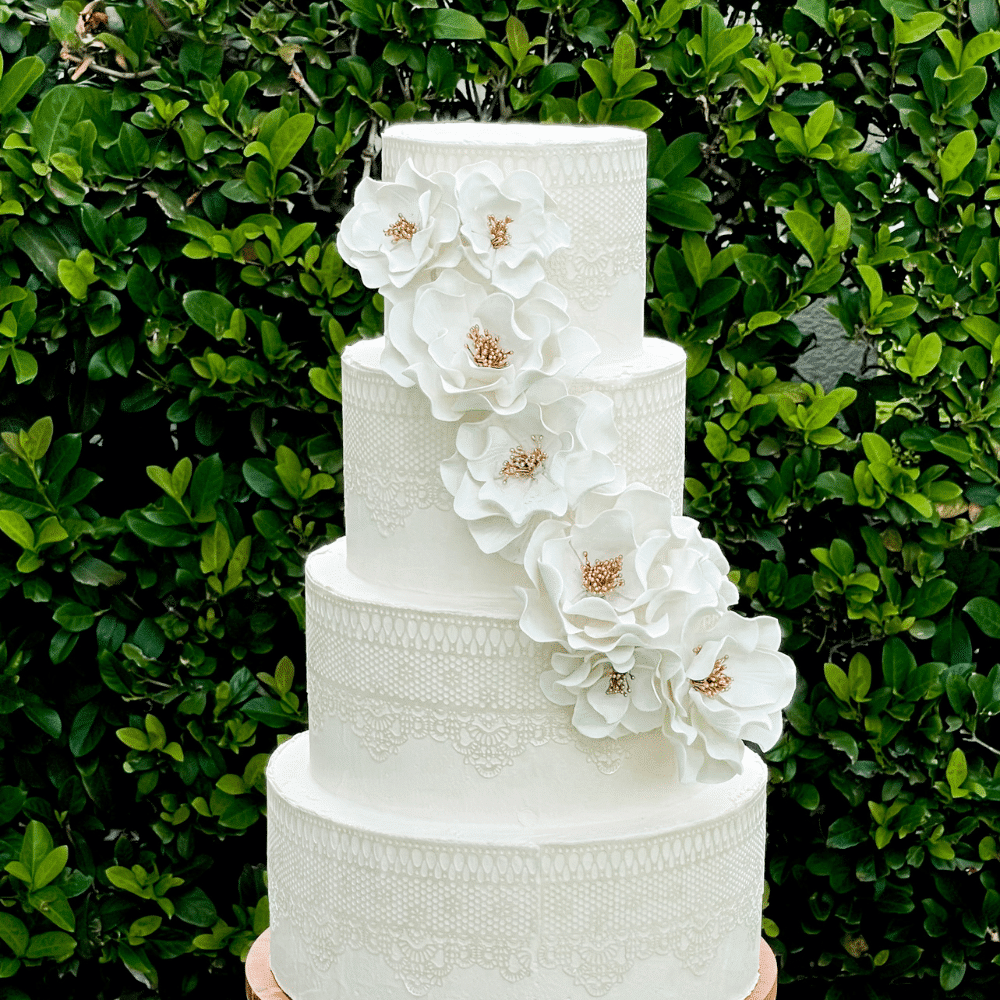 white and gold open rose sugar flowers cascade for wedding cake topper by kelsie cakes