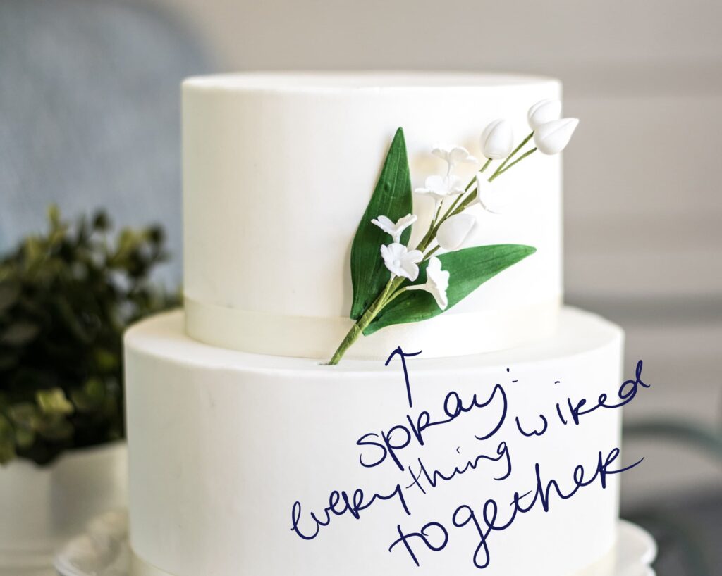gumpaste blossom spray on a two tier cake and the words "spray: everything wired together" pointing to the flowers