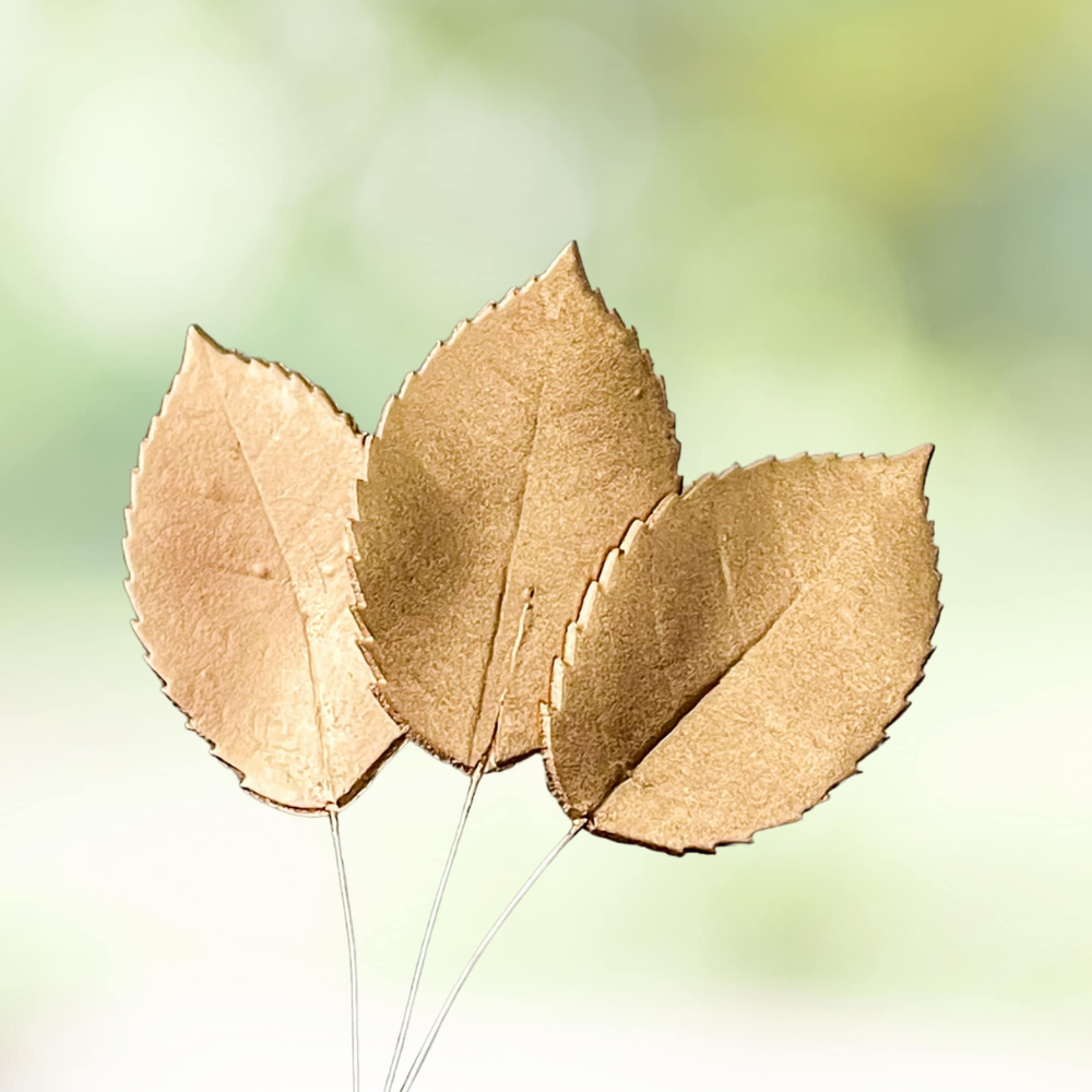 large gold rose leaves against a green bokeh background