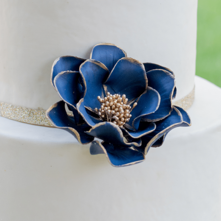 Close up of medium navy and gold edged open rose sugar flower decorating a white fondant cake
