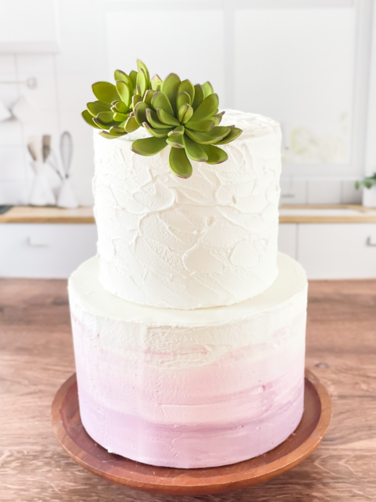 two tier cake with sugar flower succulents and kitchen backdrop from replica surfaces for cakes