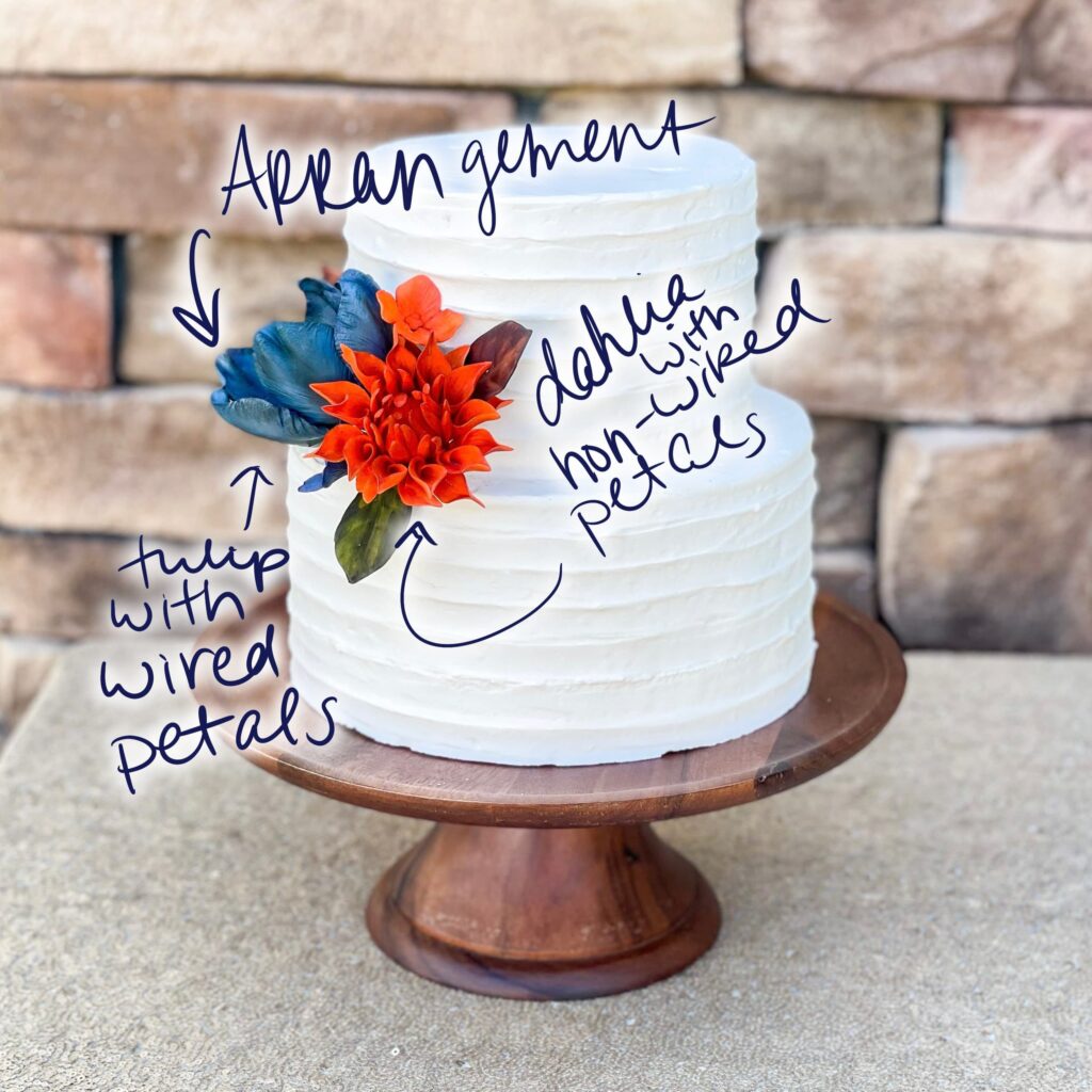 two tier cake with orange dahlia and purple tulip and leaves with the words "arrangement" "dahlia with non wired petals" and "tulip with wired petals"
