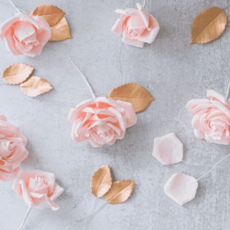 blush roses with gold leaves gumpaste flower display