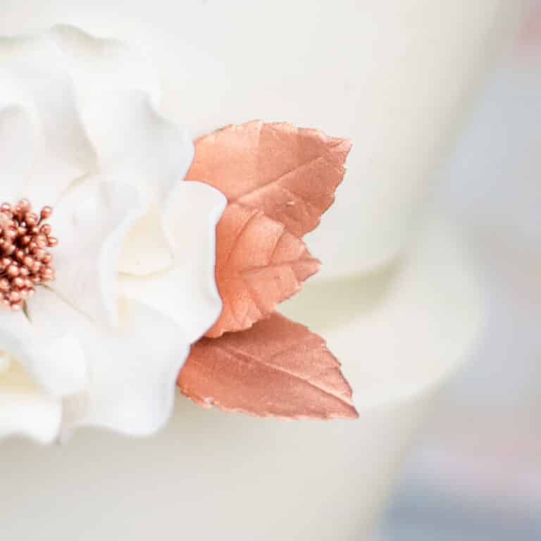 White + Rose Gold Open Rose Sugar Flowers by Kelsie Cakes