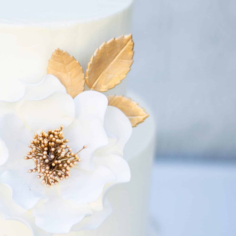 White + Gold Edged Open Rose Sugar Flowers by Kelsie Cakes