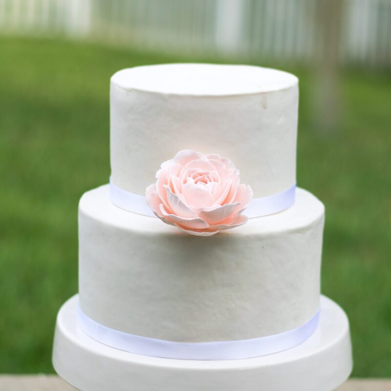 blush pink garden rose gumpaste flower on a two tier white fondant wedding cake