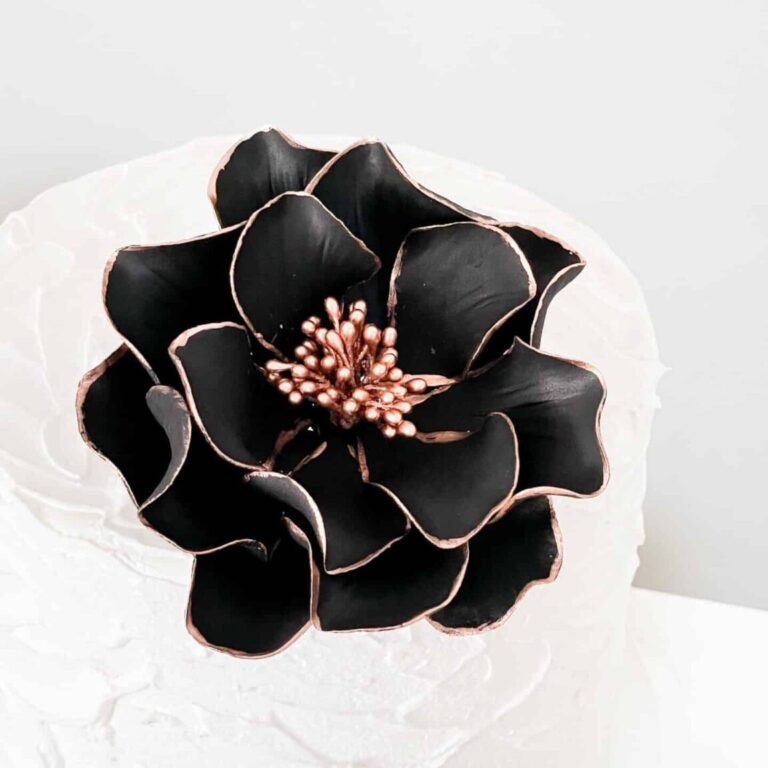 black and rose gold edged open rose Gumpaste flower on a small white buttercream cake