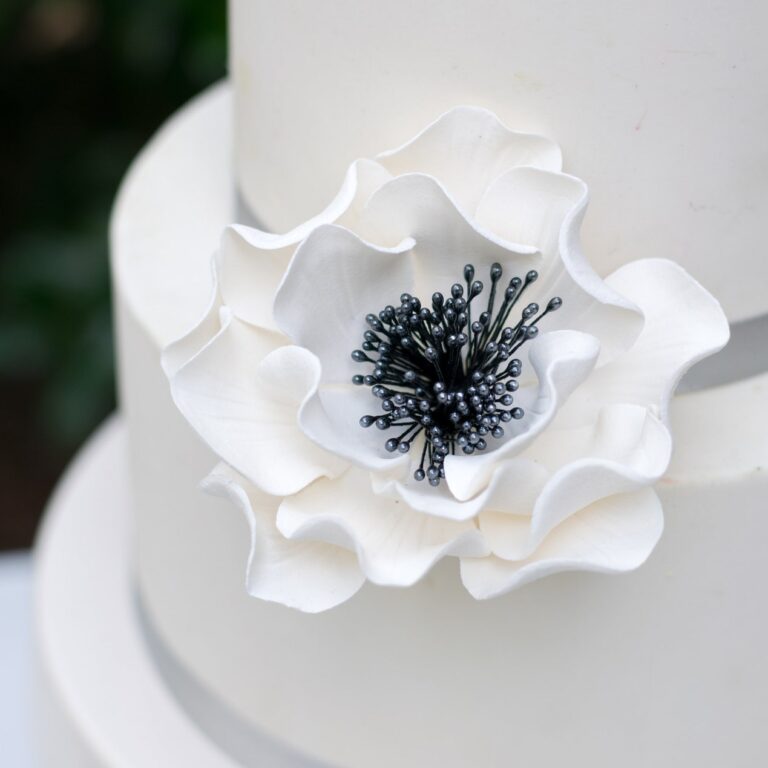 extra large white and black open rose sugar flower on a two tier white fondant wedding cake