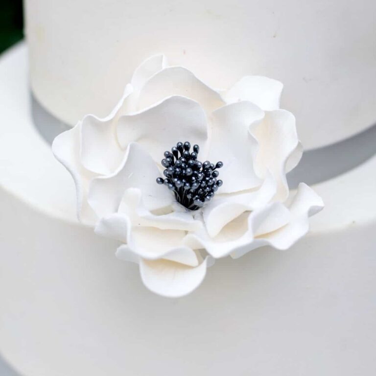 white and black small open rose sugar flower on a two tier white fondant wedding cake