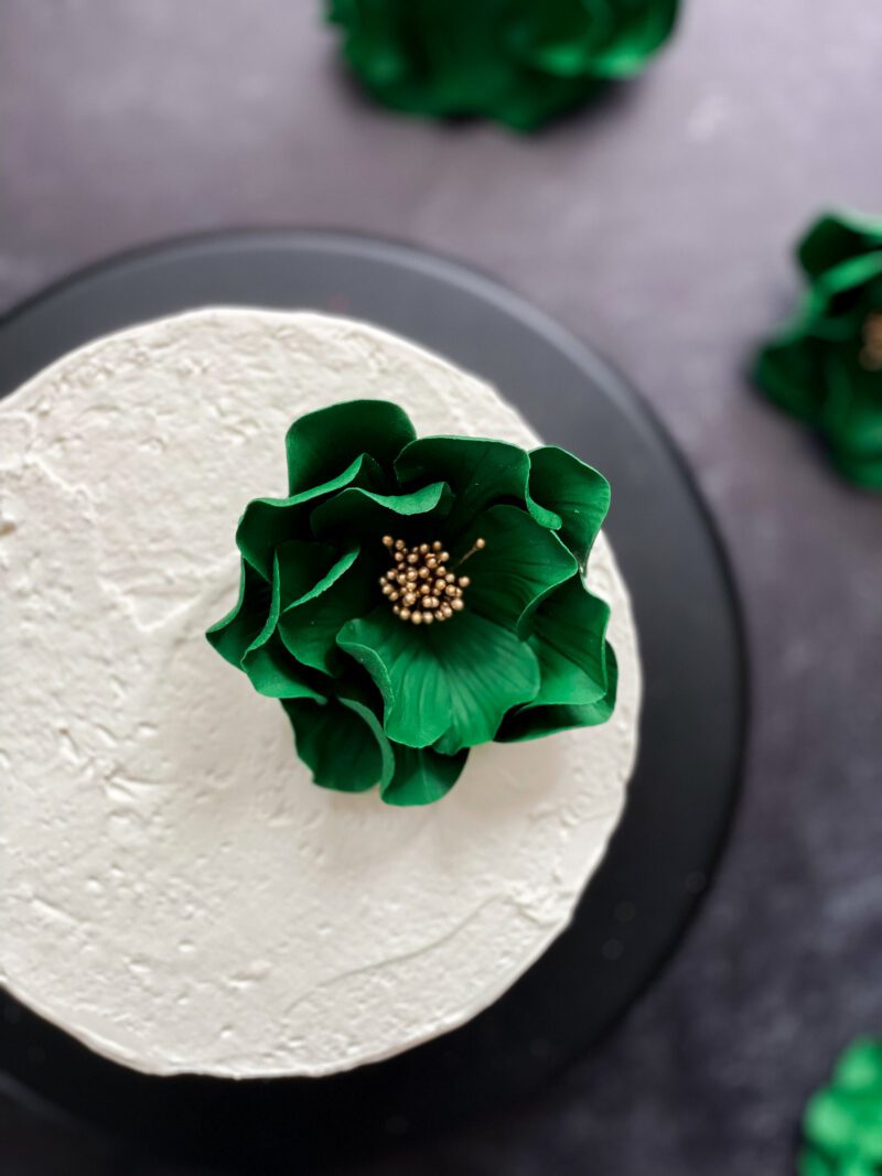 Emerald Green + Gold Open Rose Sugar Flowers by Kelsie Cakes