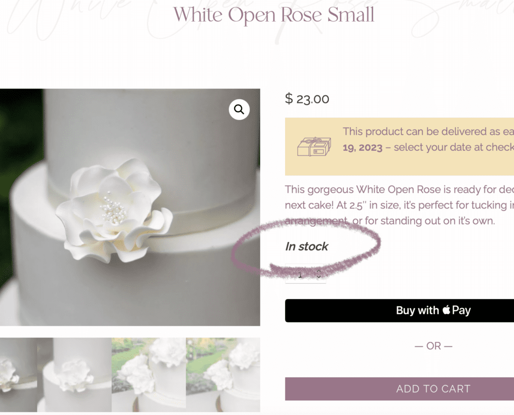 Screenshot of a product page showing a small white open rose that is in stock, along with a yellow box indicating that the product can be delivered as early as July 19th