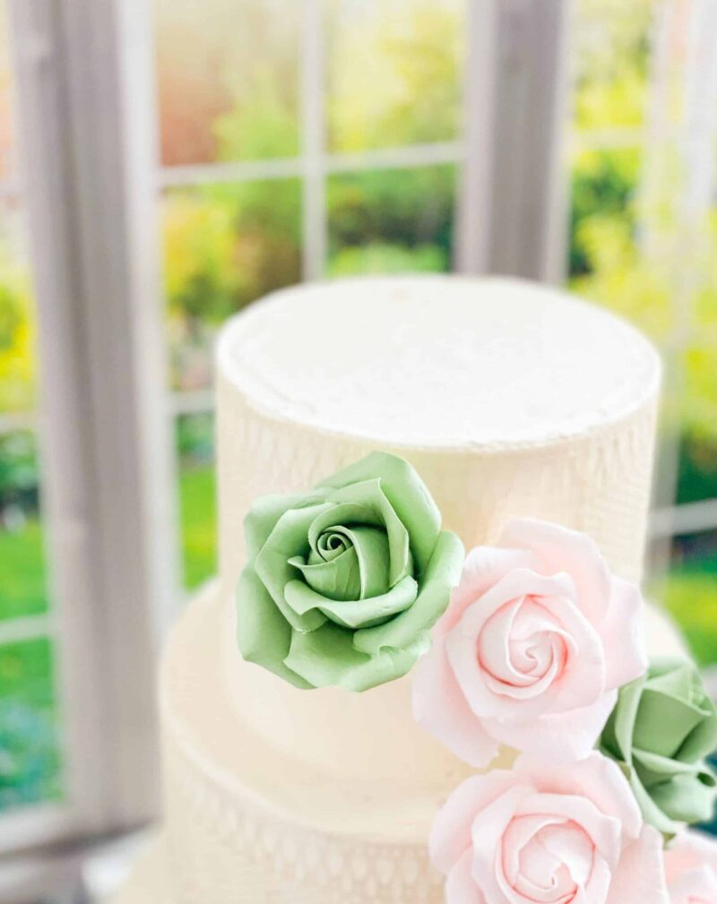 sage green and blush pink rose gumpaste flowers