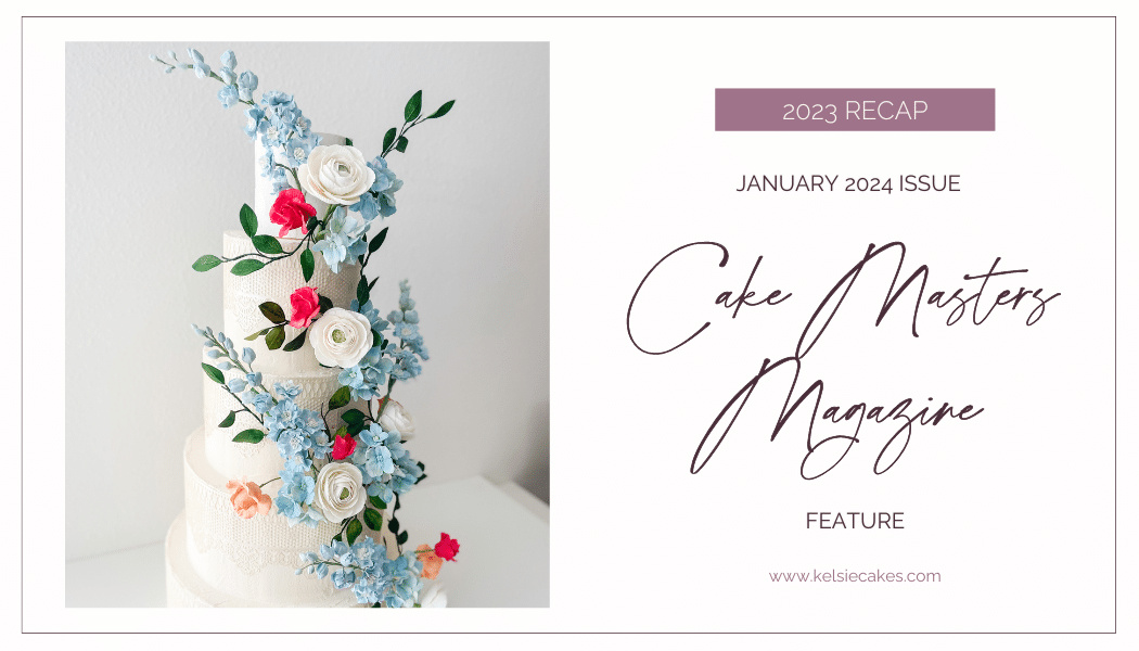 photo of a wedding cake decorated with delphinium, ranunculus, and roses with purple words on white background