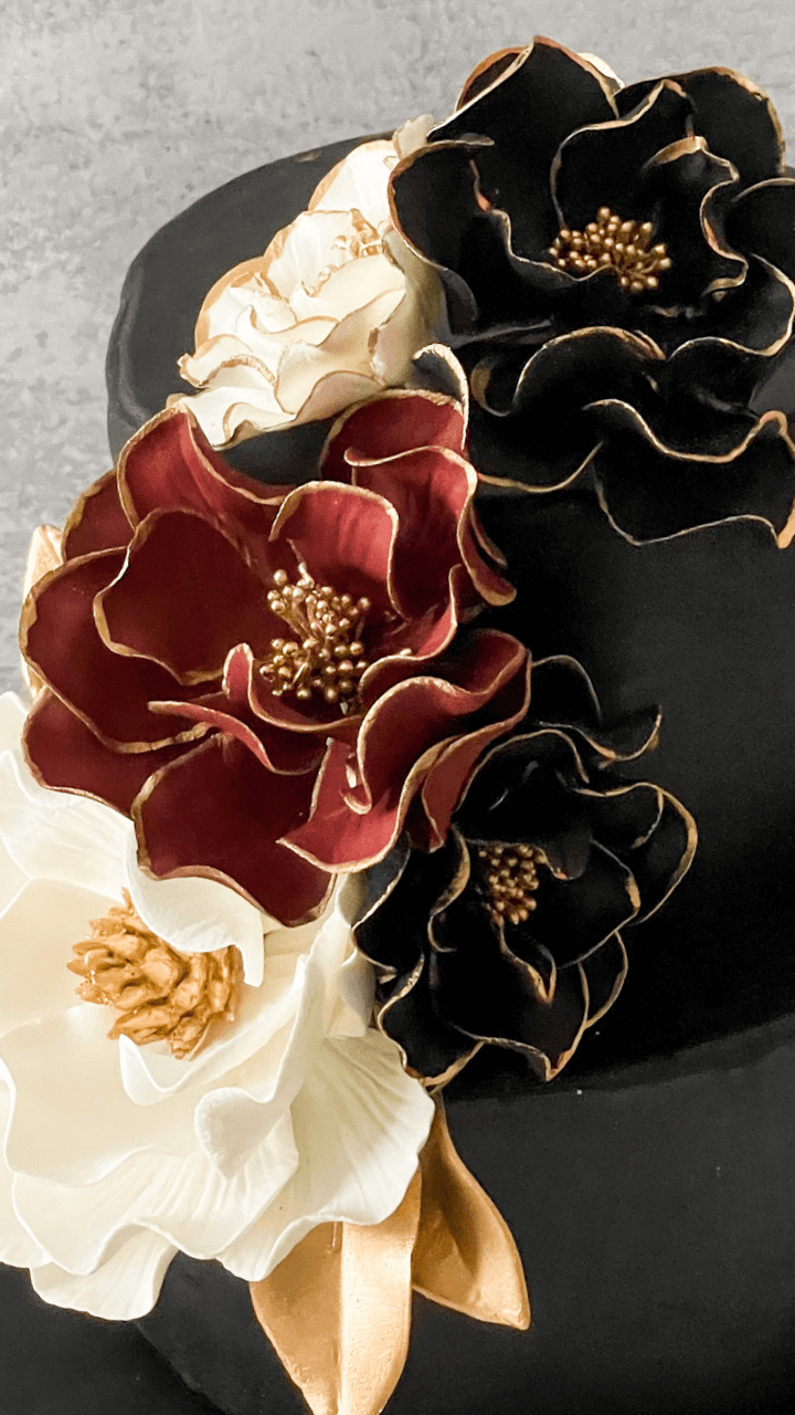 Collection Spotlight: Black + Gold Open Roses Sugar Flowers by Kelsie Cakes