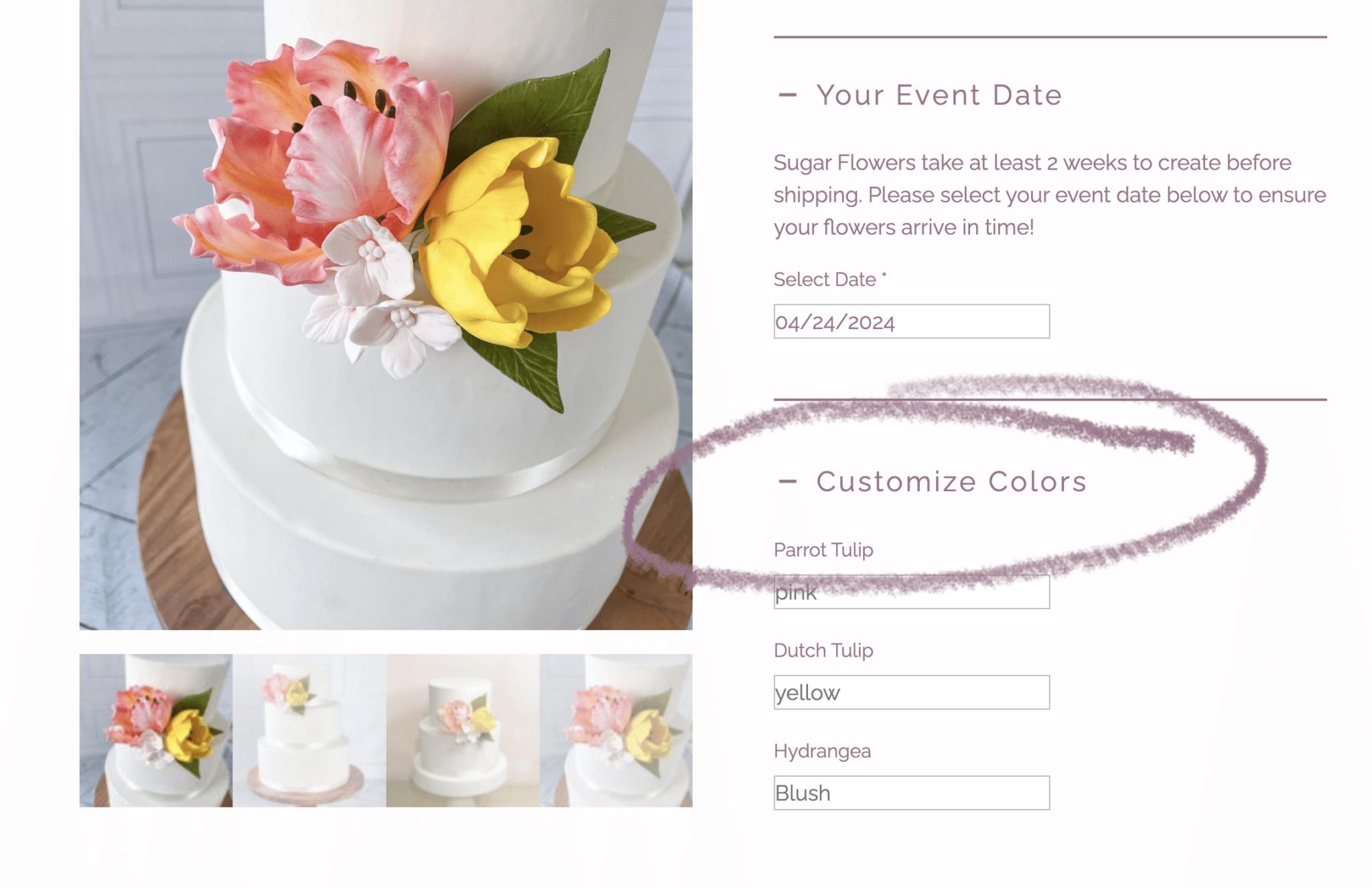 Screenshot of a website showing the product photo on the left with yellow and pink tulip sugar flowers and text on the right explaining how to customize the colors of the order.