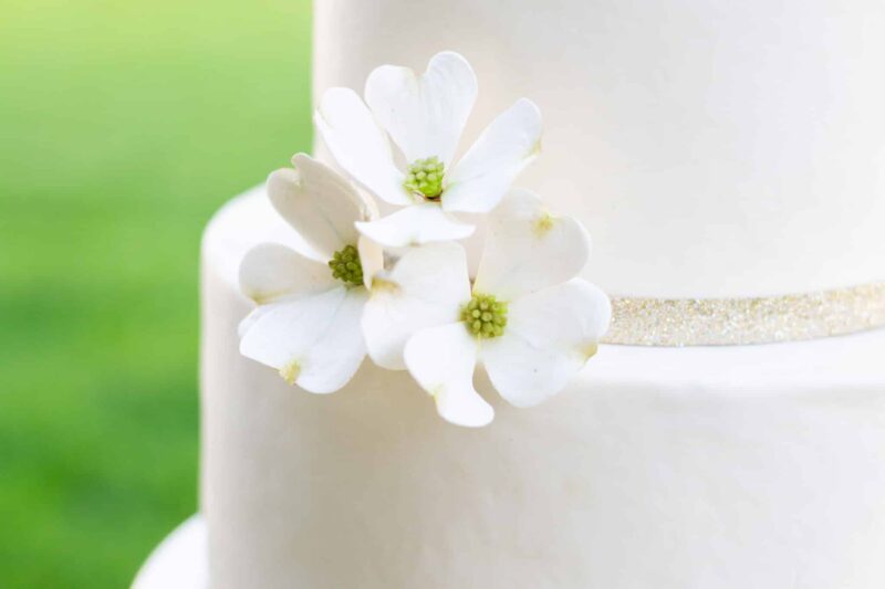 close up of a white cake with dogwood sugar flowers on top