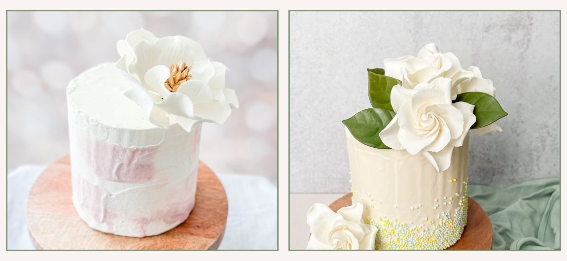 Take the small wedding cakes trend even further with mini cakes like these small 4” buttercream iced wedding cakes with sugar flower magnolias and gardenias on top.