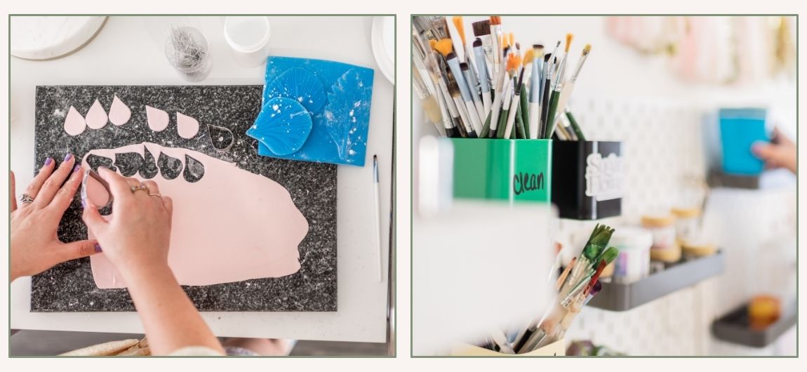 A picture of rolled out pink gumpaste on a cutting board with hands cutting out petal shapes and the table also shows a silicone veiner, paint brush, and floral wires. The second picture shows a peg board filled with cake decorating tools like paint brushes, jars of color, and a hand holding a paint cup in the distance.