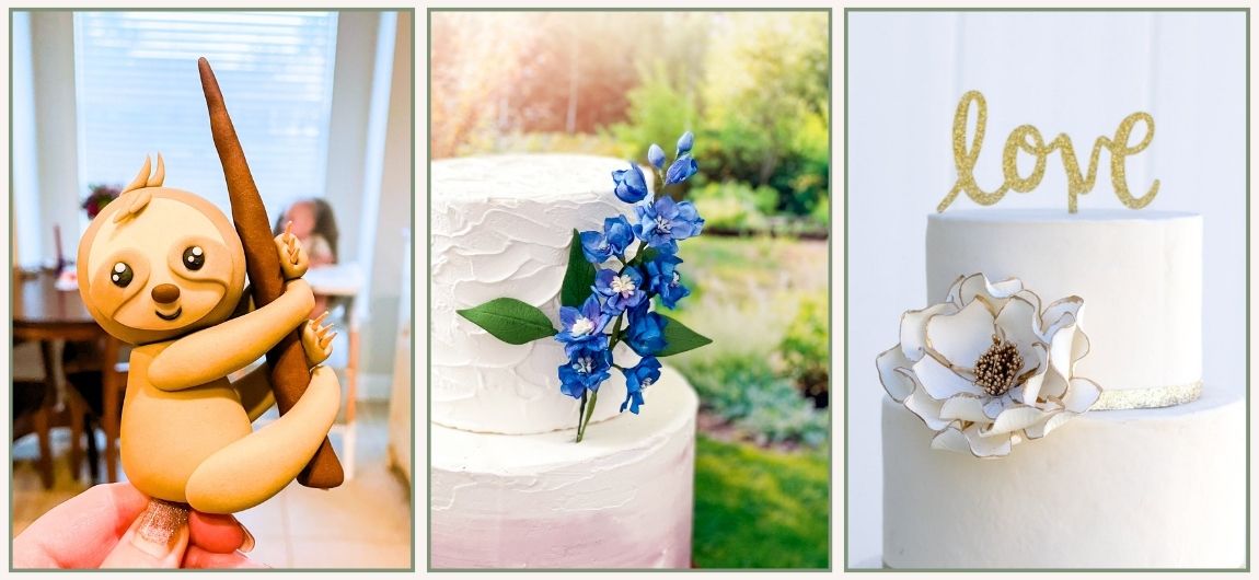 Examples of three different cake decorations that you can buy online: a fondant sloth cake topper, a dark blue delphinium sugar flower topper, and gold acrylic cake topper that says “love” next to a white and gold sugar flower.